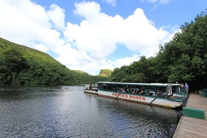 A covered riverboat moored at a wooden dock on a wide green river
