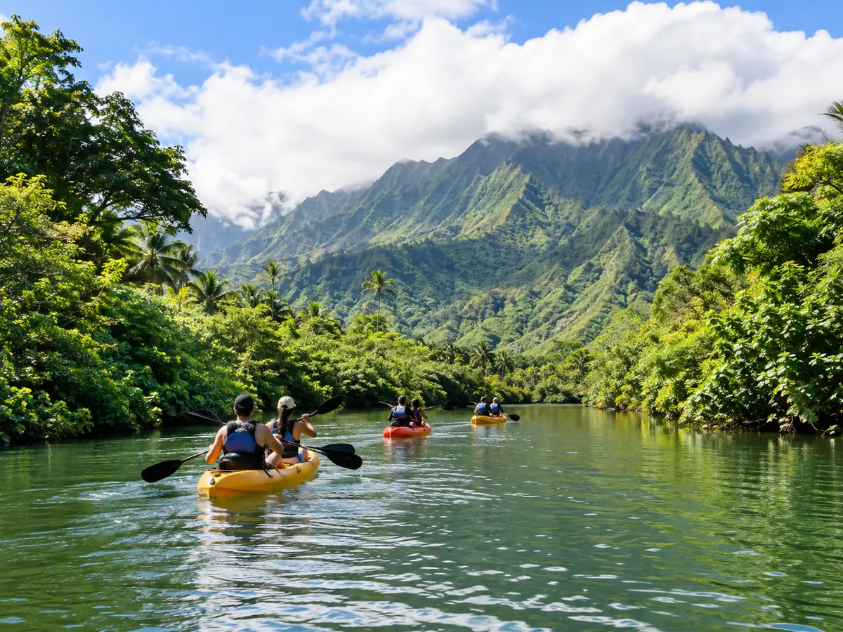 Tandem kayaks paddling upriver on a calm jungle river